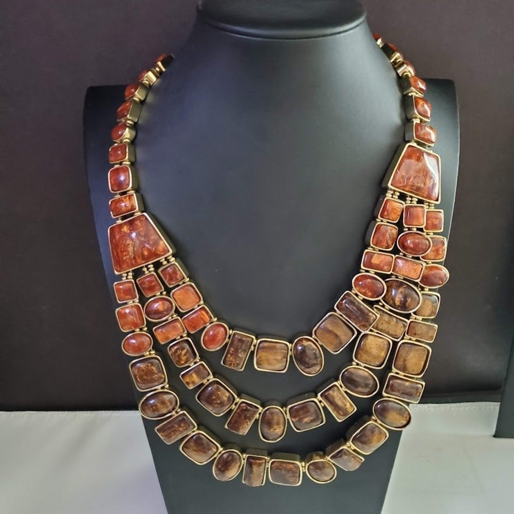 Chicos Triple Strand Statement Bib Necklace Brown Amber Gold Tone Faux Stone